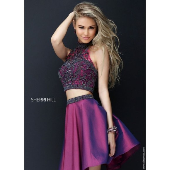 Sherri Hill Purple 2-Piece Mini Beaded Halter Dress - Picture 1 of 9